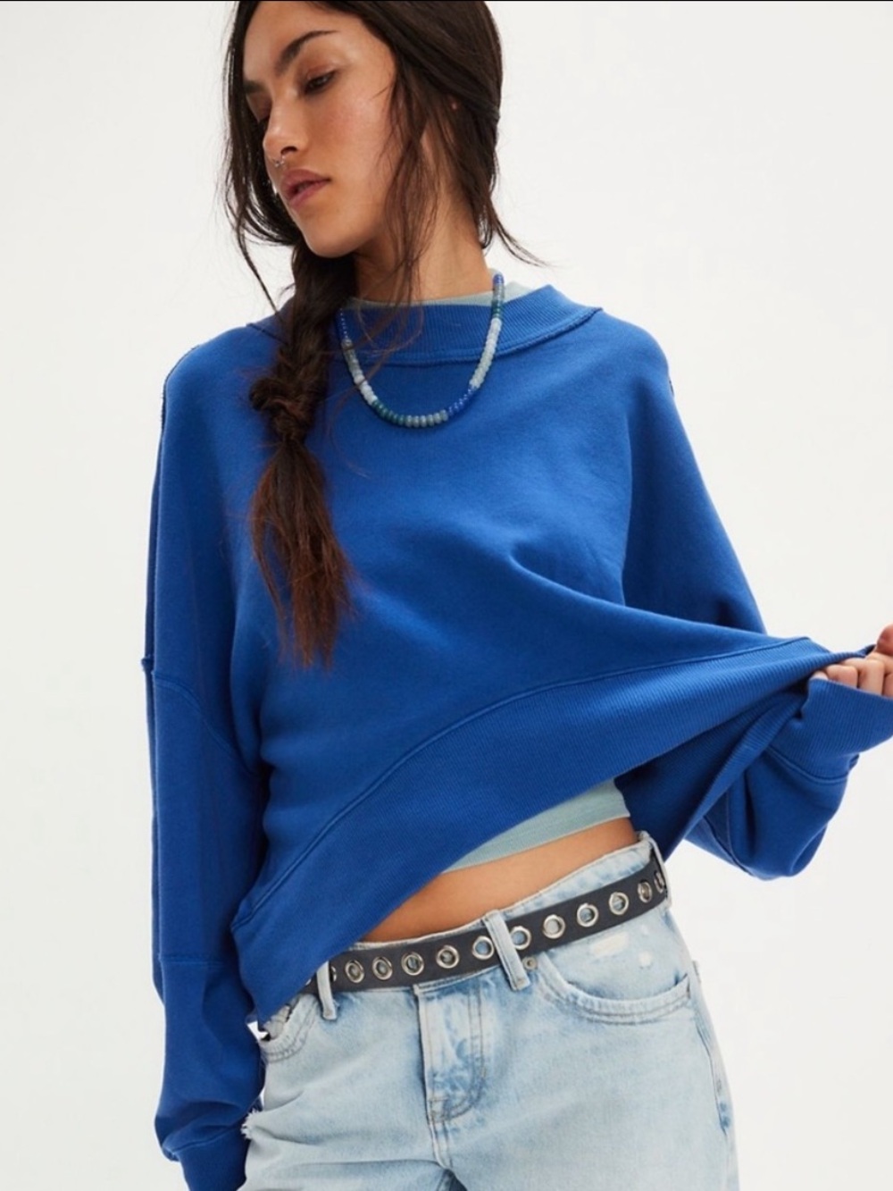 NWT Free People x We The Free Hi-Lo Crop Sweatshirt in Blue